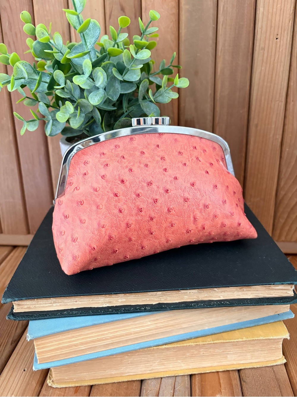 Vintage styled Ostrich Textured Kiss Lock Mini Clutch in Coral, Vegan Leather